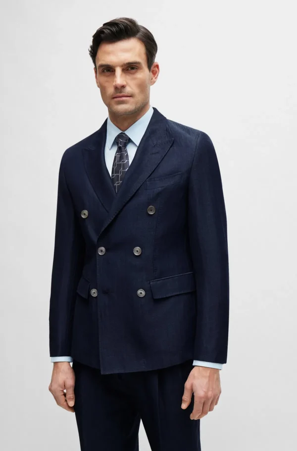 HUGO BOSS Slim Fit Jakke I Sildebensstribet Hør Og Ny Uld Mørkeblå Hot