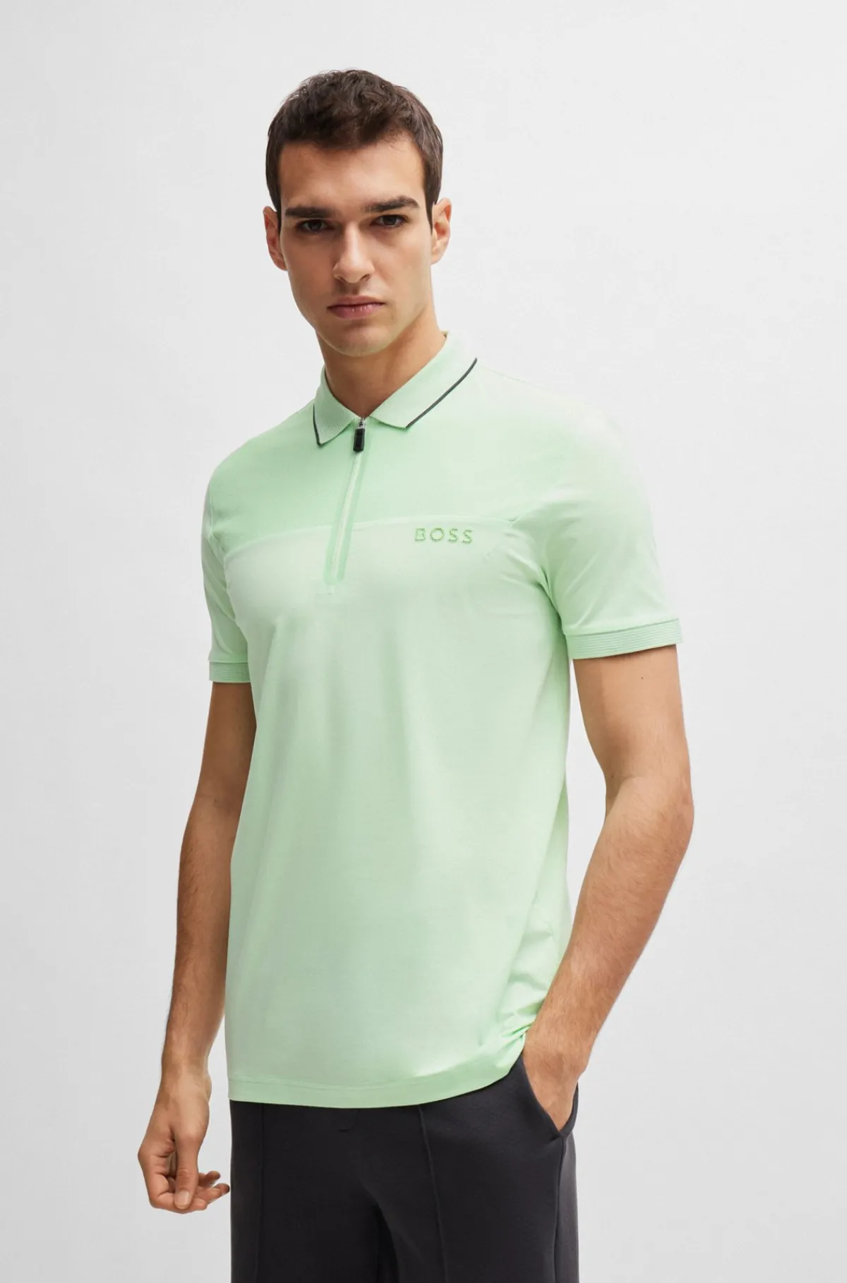 HUGO BOSS Slim Fit Poloshirt Med Lynlås I Halsen Og Meshdetaljer Lysegrøn Fashion