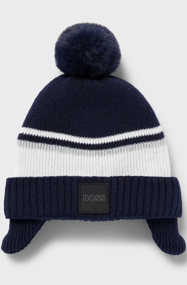HUGO BOSS Strikhue Til Børn I Strikket Bomuld Med Pompon Mørkeblå Shop