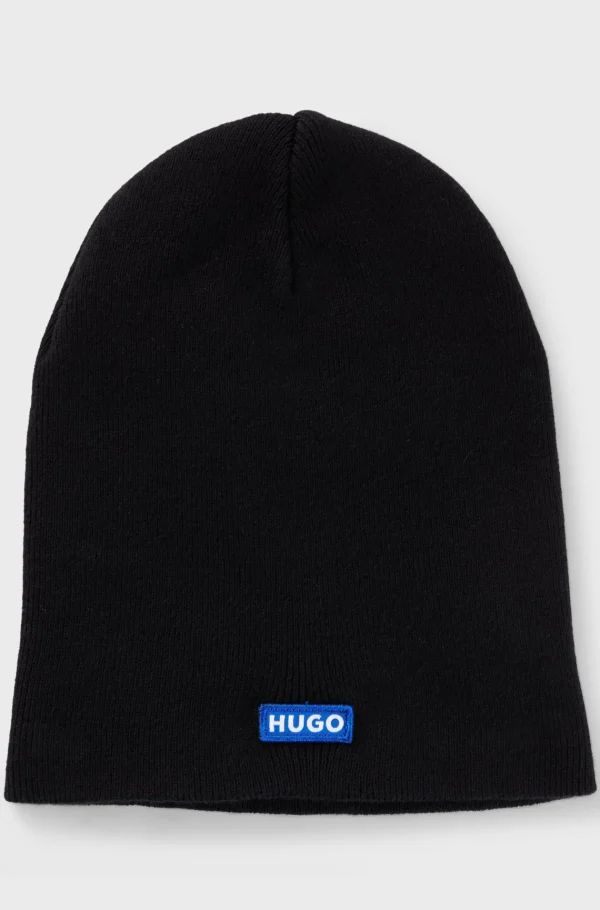 HUGO BOSS Strikket Hue I Bomuld Med Blåt Logomærkat Sort Best