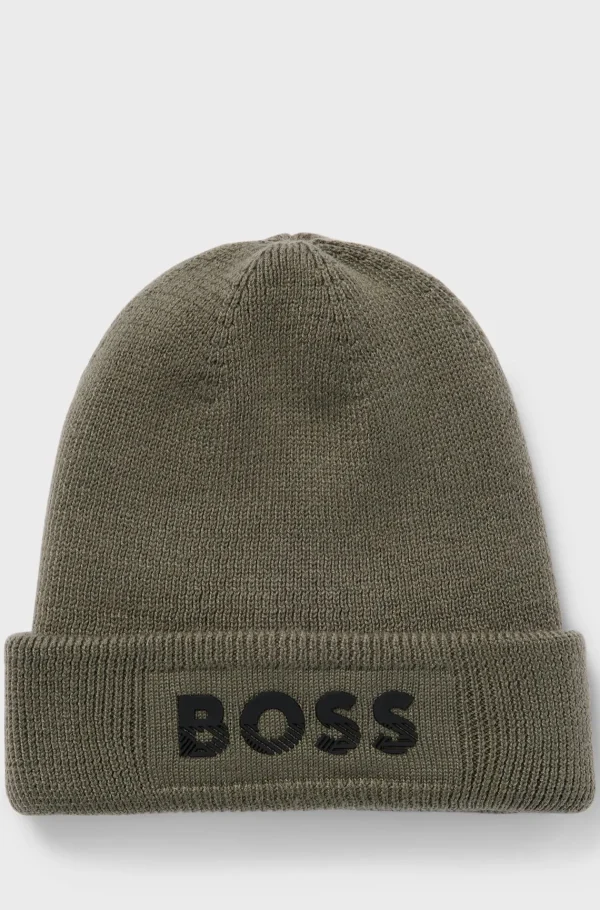 HUGO BOSS Strikket Hue Til Børn Med Gummitrykt Logo Mørkegrøn Sale