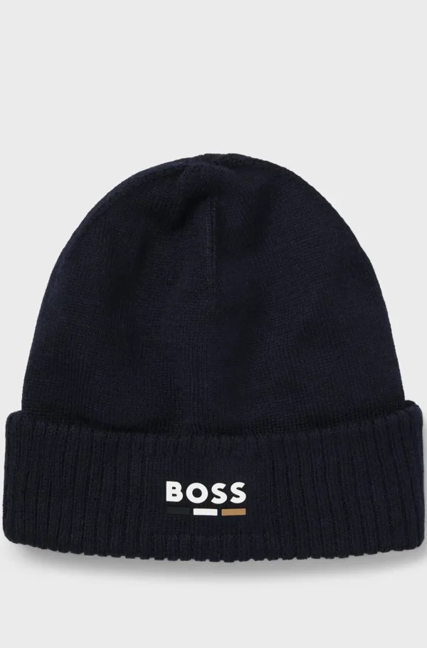 HUGO BOSS Strikket Hue Til Børn Med Logo Med Gummieffekt Mørkeblå Cheap