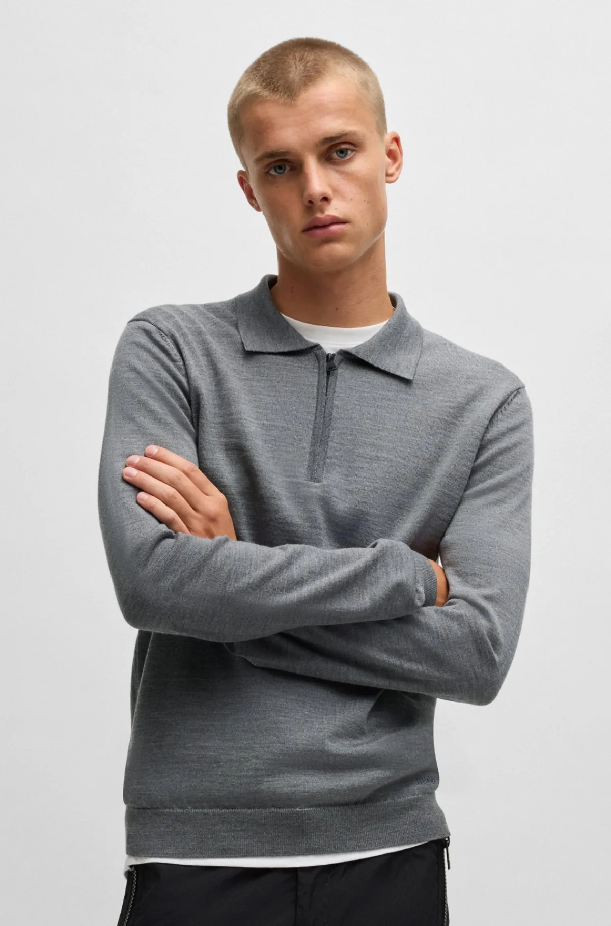 HUGO BOSS Sweater I Ny Uld Med Lynlåshals Og Polo-krave Grå Store