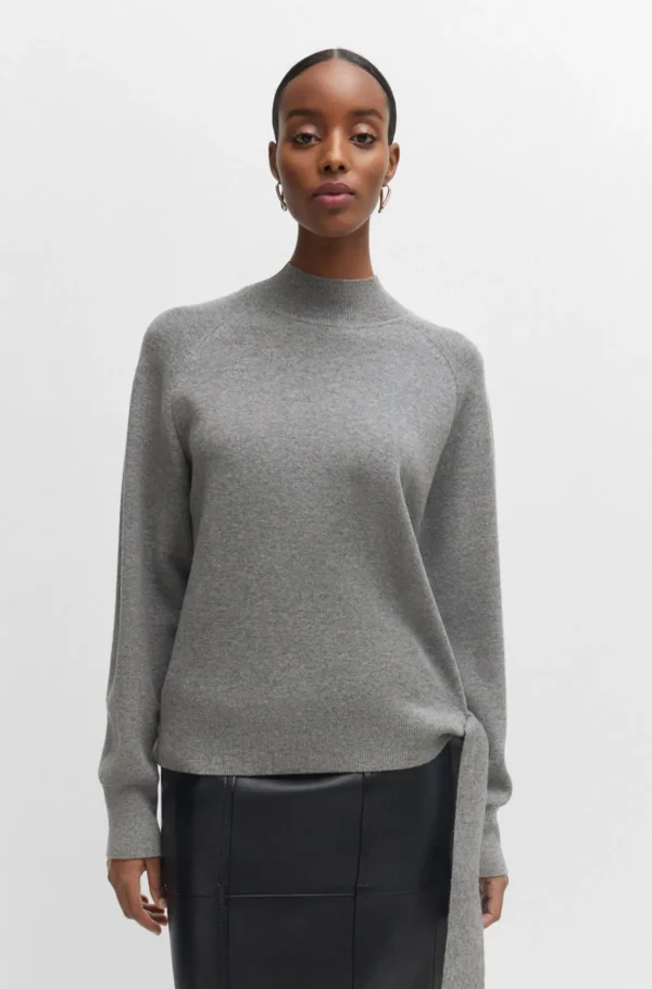 HUGO BOSS Sweater Med Bindedetalje I Ny Uld Og Kashmir Grå Hot