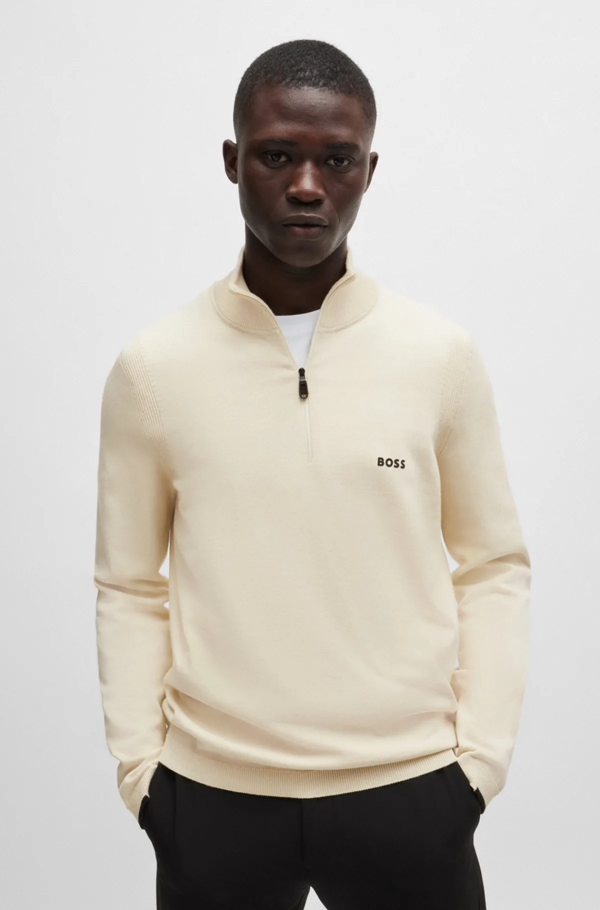 HUGO BOSS Sweater Med Lynlås I Halsen I Bomuldsblanding Med Logoprint Naturlig Discount