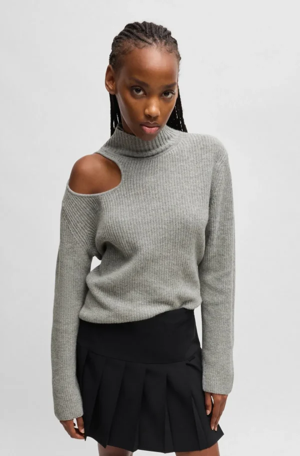 HUGO BOSS Sweater Med Relaxed Fit, Høj Hals Og Udskåret Detalje Grå Shop