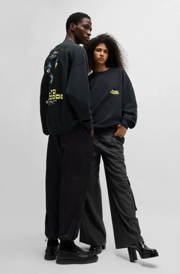 HUGO BOSS Sweatshirt I Bomuldsfrotté Med Slub-effekt Og Grafisk Katteprint Sort Shop