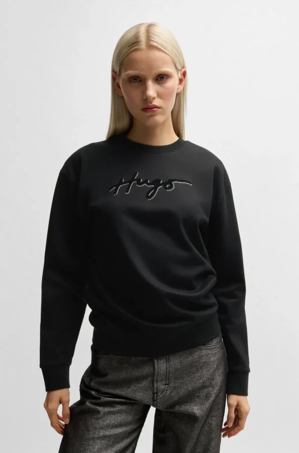 HUGO BOSS Sweatshirt I Bomuldsfrotté Med Velourprint Og Rhinsten Sort Cheap