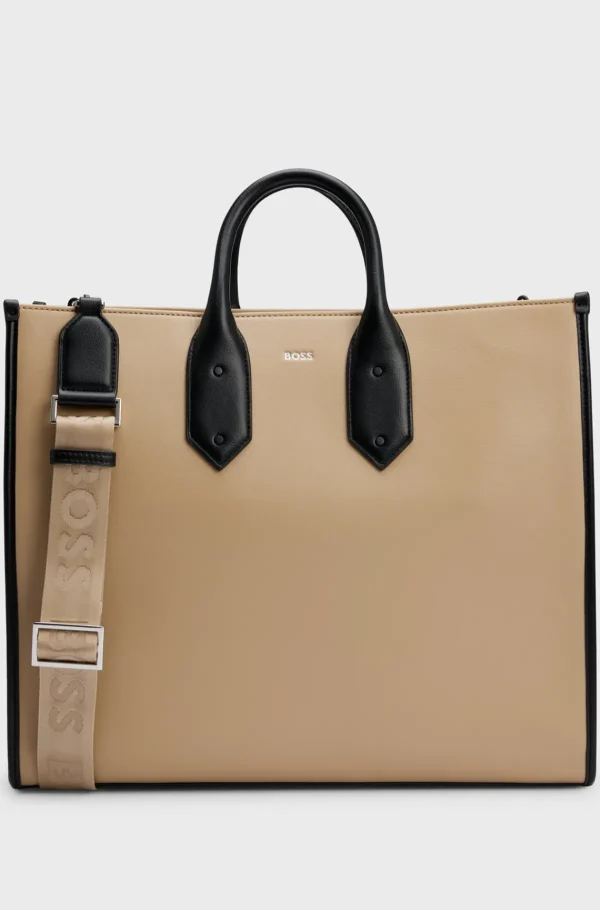 HUGO BOSS Tote Bag I Imiteret Læder Med Signaturdetaljer Beige Fashion