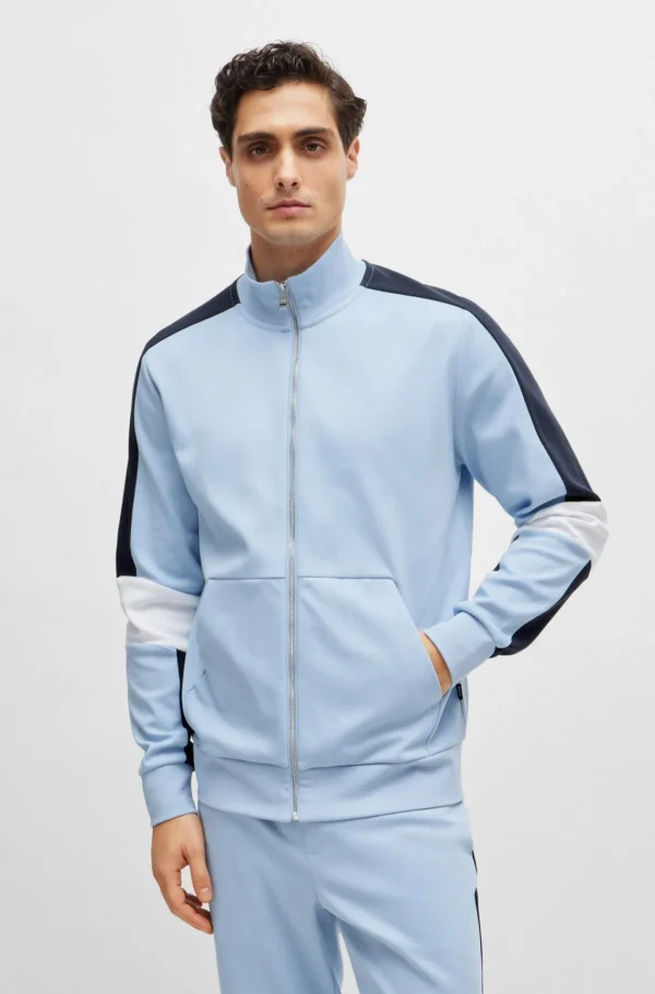 HUGO BOSS Trøje Med Lynlås I Halsen I Bomuldsblanding Og Colour Blocking Lyseblå Store