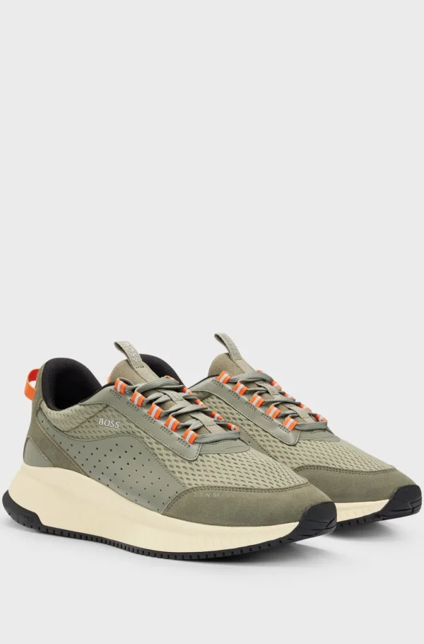 HUGO BOSS TTNM EVO Sneakers I Ruskind, Læder Og Mesh Med Sål Med Fiskebensmønster Lysegrøn New