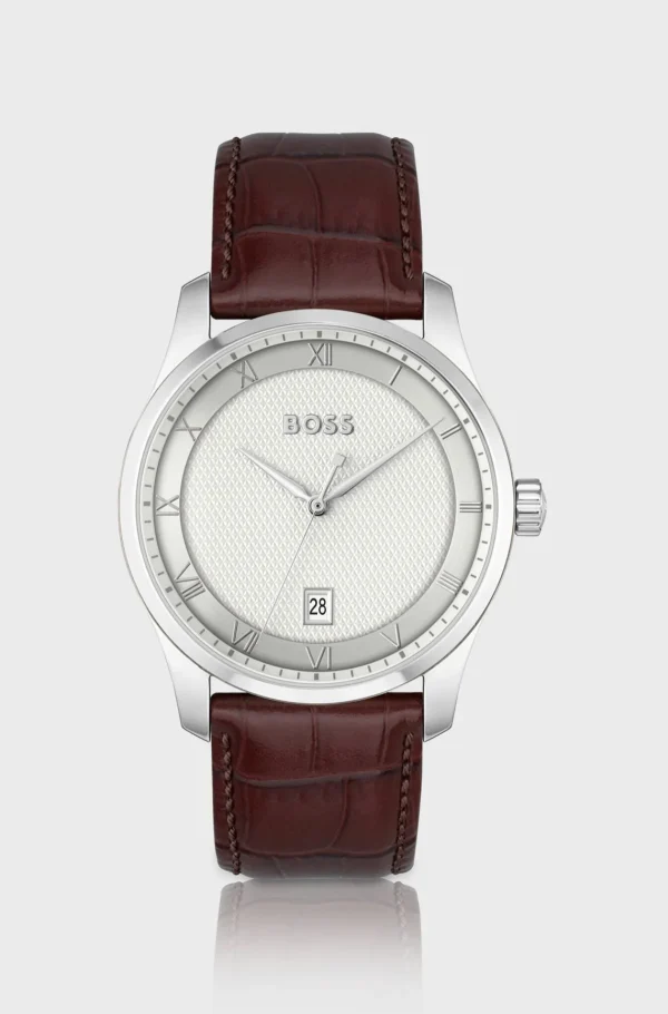 HUGO BOSS Ur Med Læderrem Og Sølvfarvet Urskive Med Mønster Mørkebrun Discount
