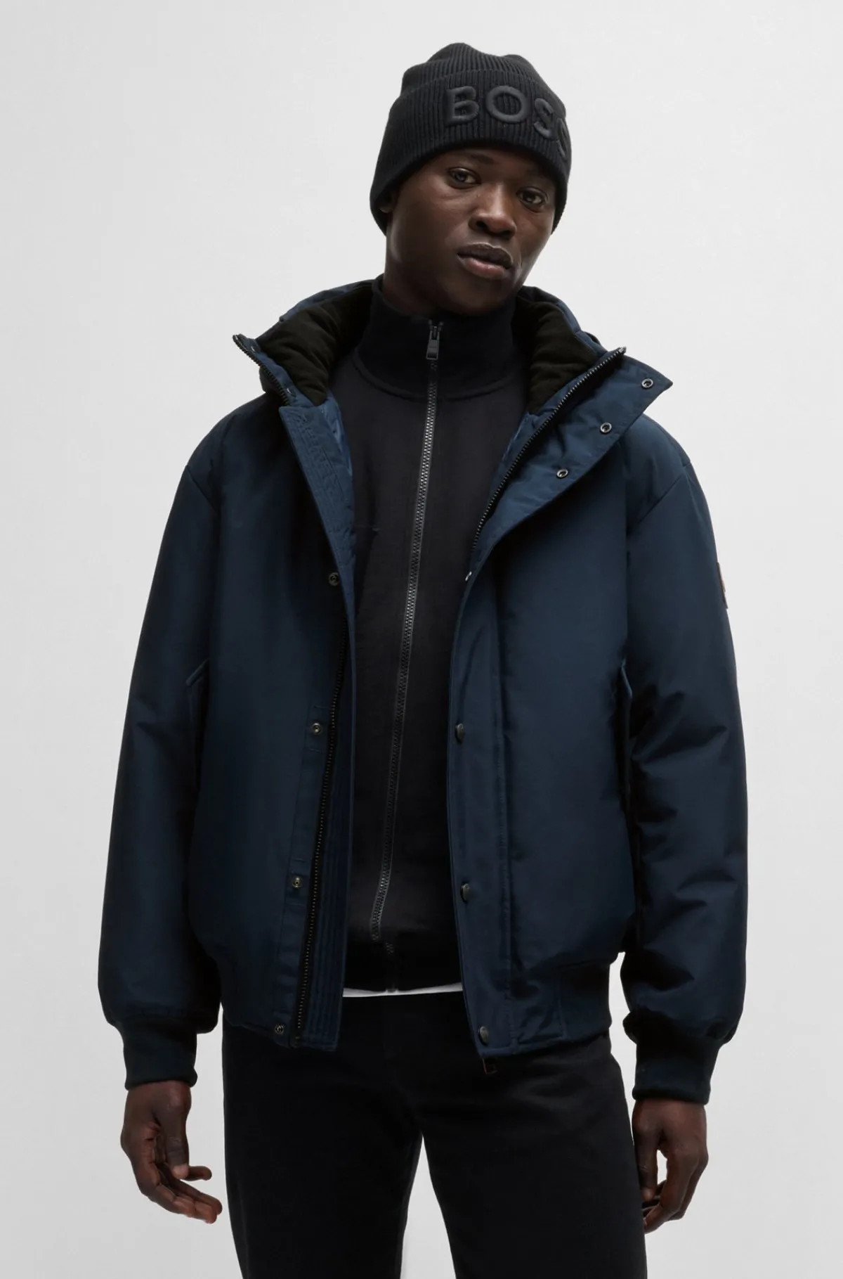 HUGO BOSS Vandskyende Parkajakke Med Kravefor I Polarfleece Mørkeblå Shop