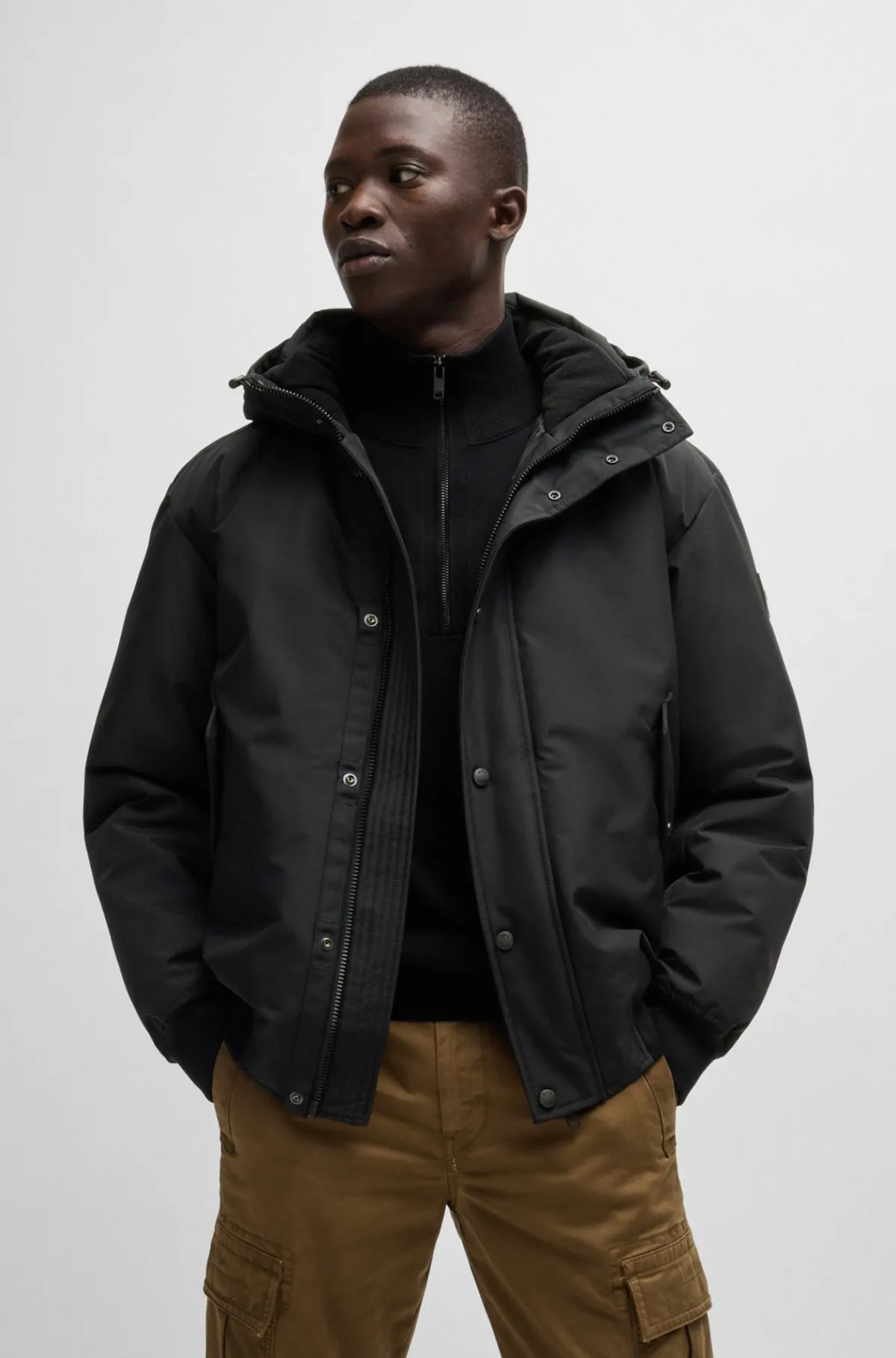 HUGO BOSS Vandskyende Parkajakke Med Kravefor I Polarfleece Sort Fashion