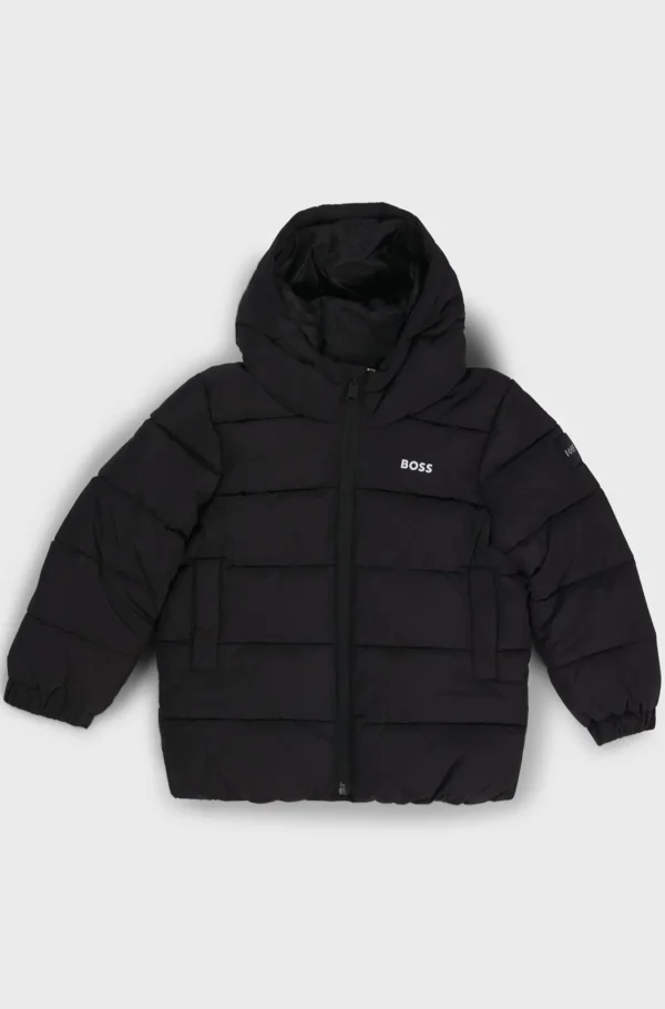 HUGO BOSS Vatteret Jakke Med Hætte Og Logo Til Børn Sort Outlet