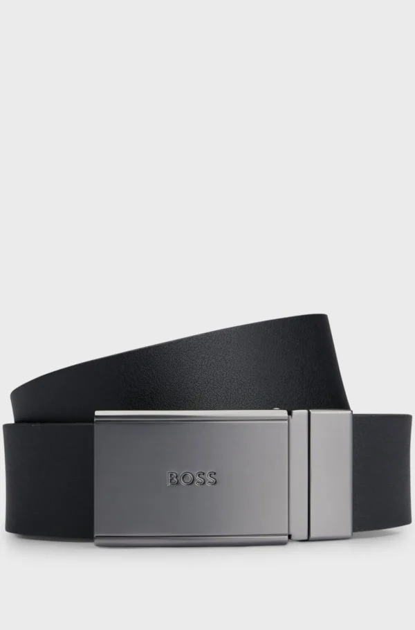 HUGO BOSS Vendbart Bælte I Italiensk Læder Med Pladespænde Sort Best