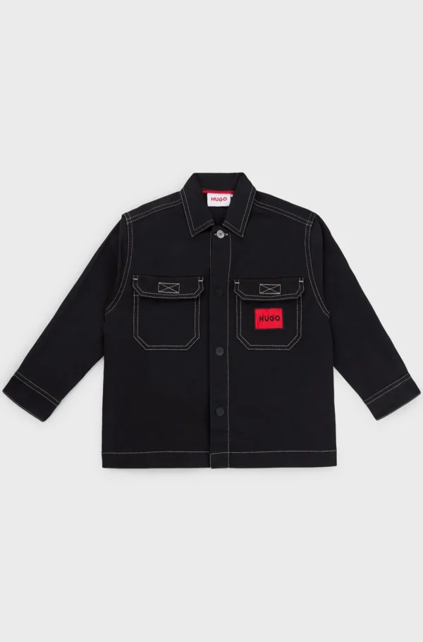 HUGO BOSS Yderskjorte I Strækbomuld Med Rødt Logomærke Til Børn Sort Best Sale